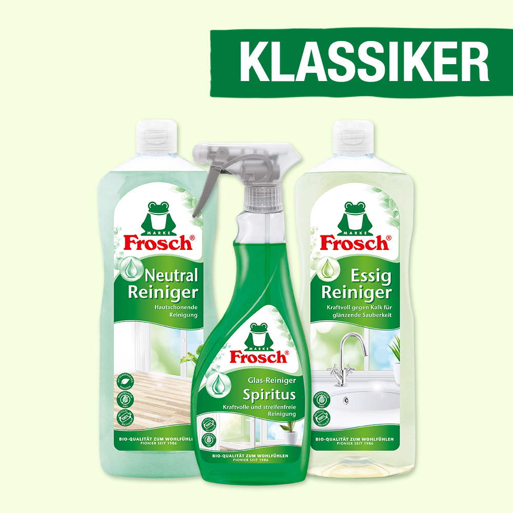 Frosch Klassiker fürs Putzen. Frosch Neutral Reiniger, Frosch Glas Reiniger Spiritus, Frosch Essig Reiniger.