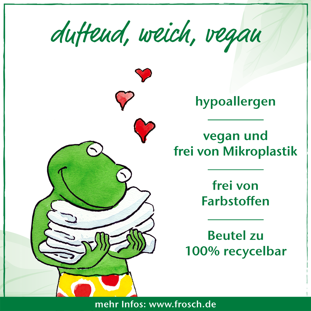 Infografik der Marke Frosch mit gezeichneter Froschfigur, die Handtücher hält, sowie Textangaben zu Produkteigenschaften wie hypoallergen, vegan und mikroplastikfrei, frei von Farbstoffen und vollständig recycelbarem Nachfüllbeutel